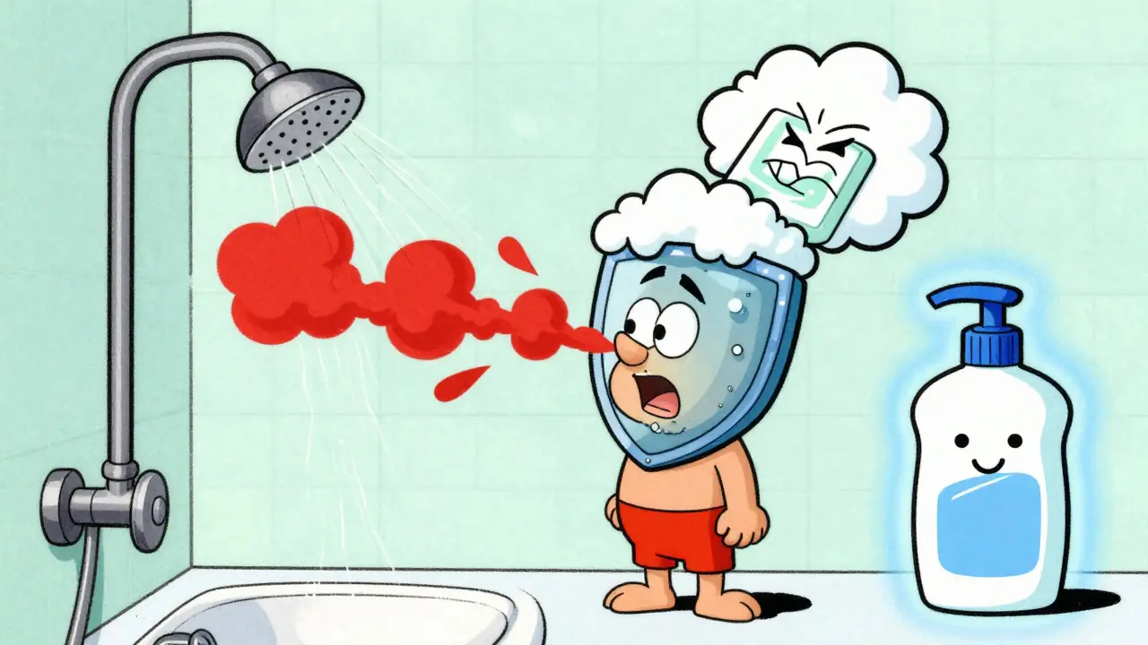 Cartoon doccia bollente e sapone aggressivo che danneggiano la pelle