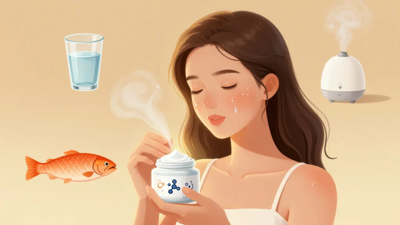 Cartoon donna idratata che applica crema con ingredienti benefici