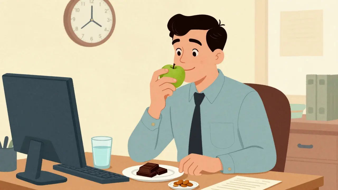 Cartoon vintage di un professionista che mangia mela e cioccolato fondente con calma