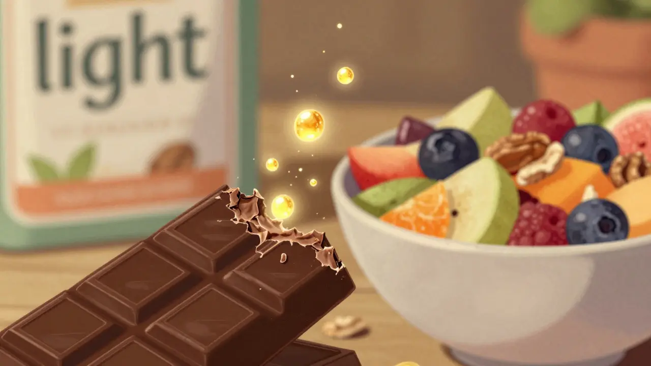 Cioccolato fondente e frutta fresca in stile cartone