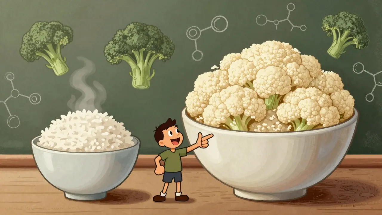 Confronto cartoon tra riso e cavolfiore per la perdita di peso