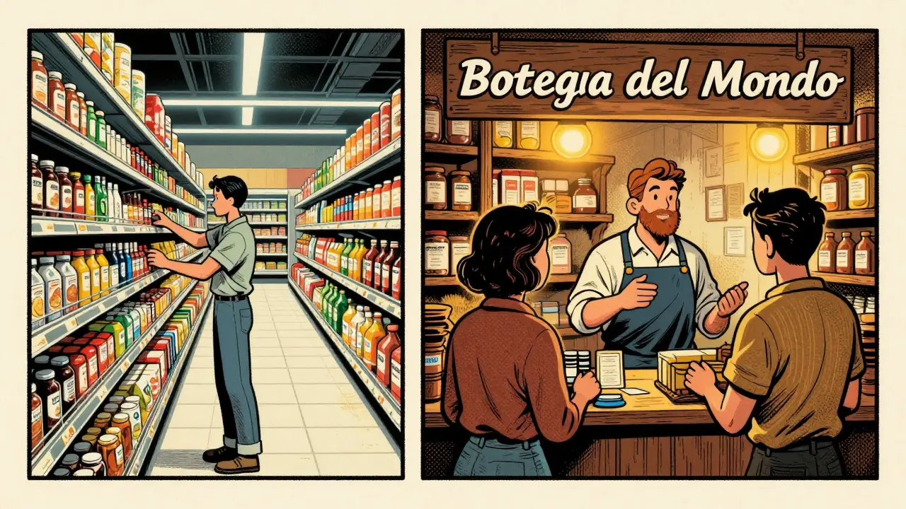 Confronto stilizzato tra supermercato moderno e Bottega del Mondo nel commercio etico