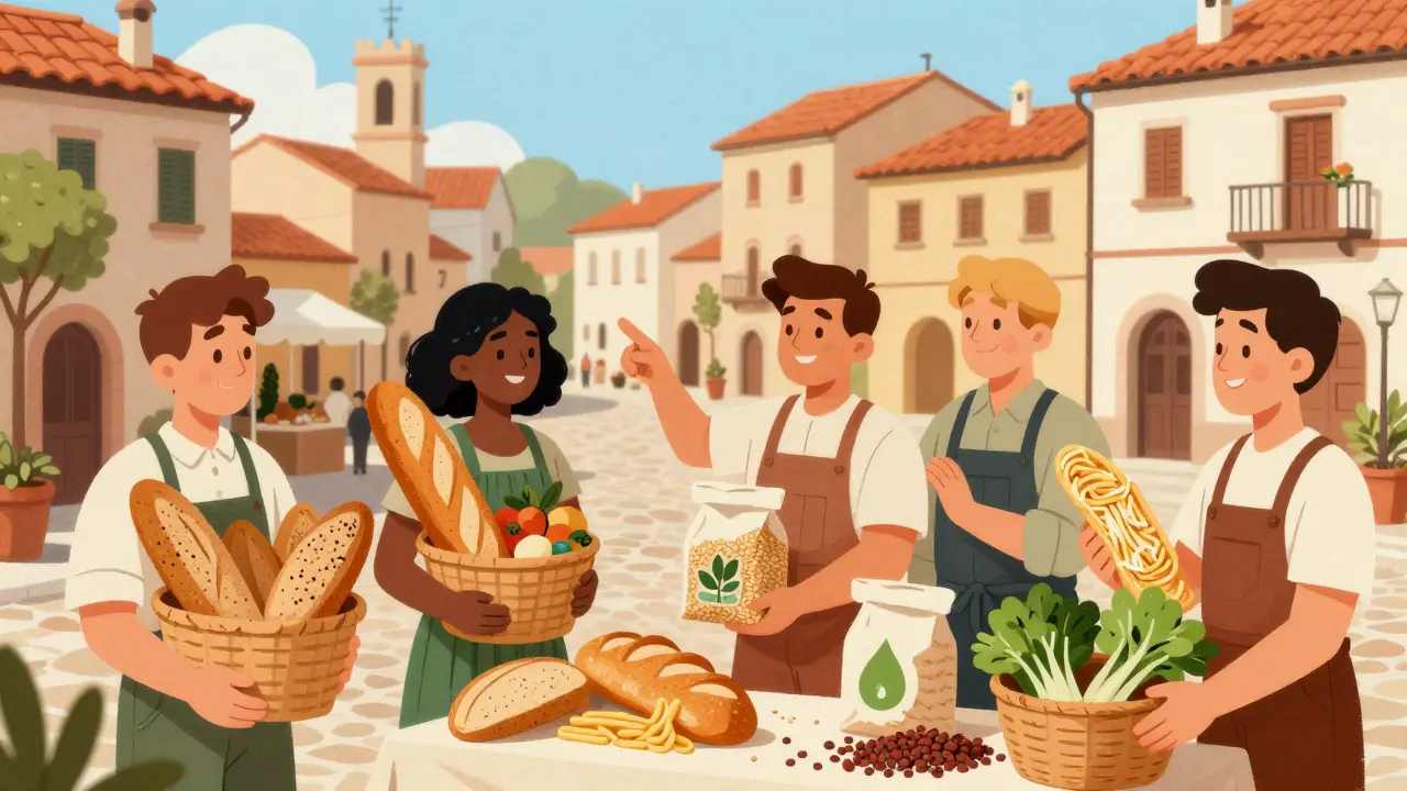 Consumatori che scelgono pane integrale e prodotti locali al mercato in un'illustrazione vintage italiana.