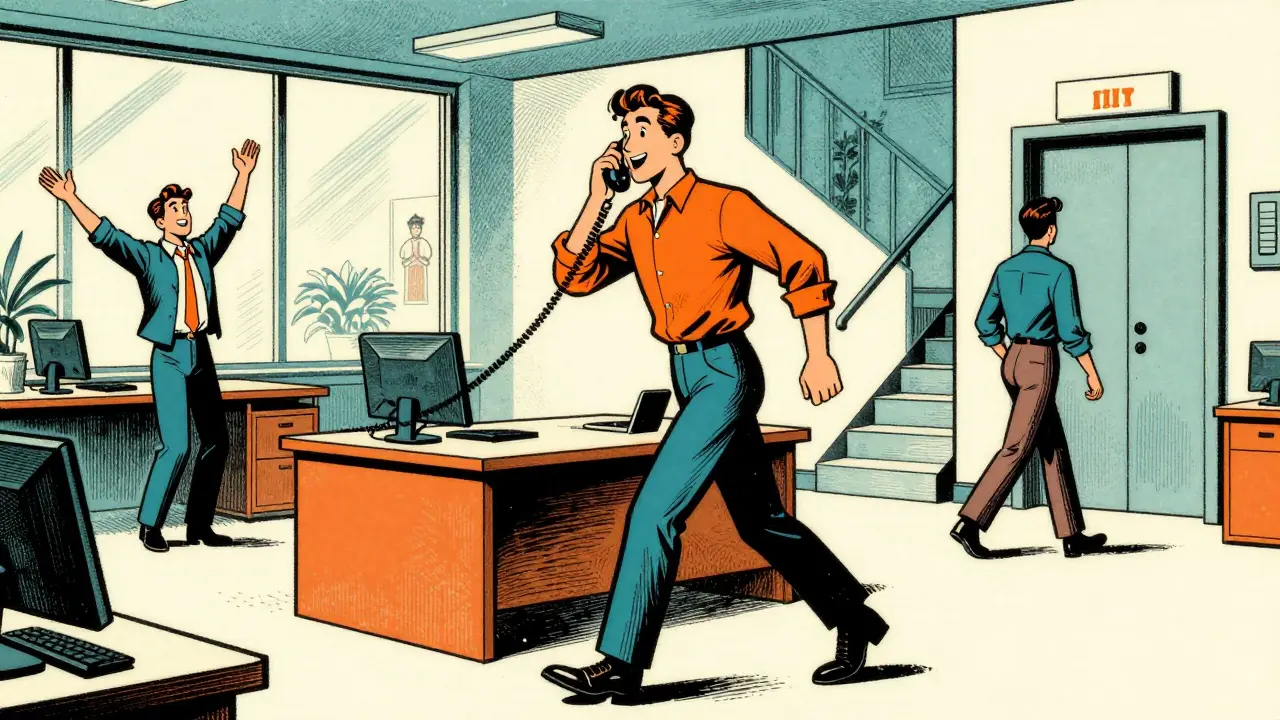 Dipinto vintage di persone attive in ufficio e scale