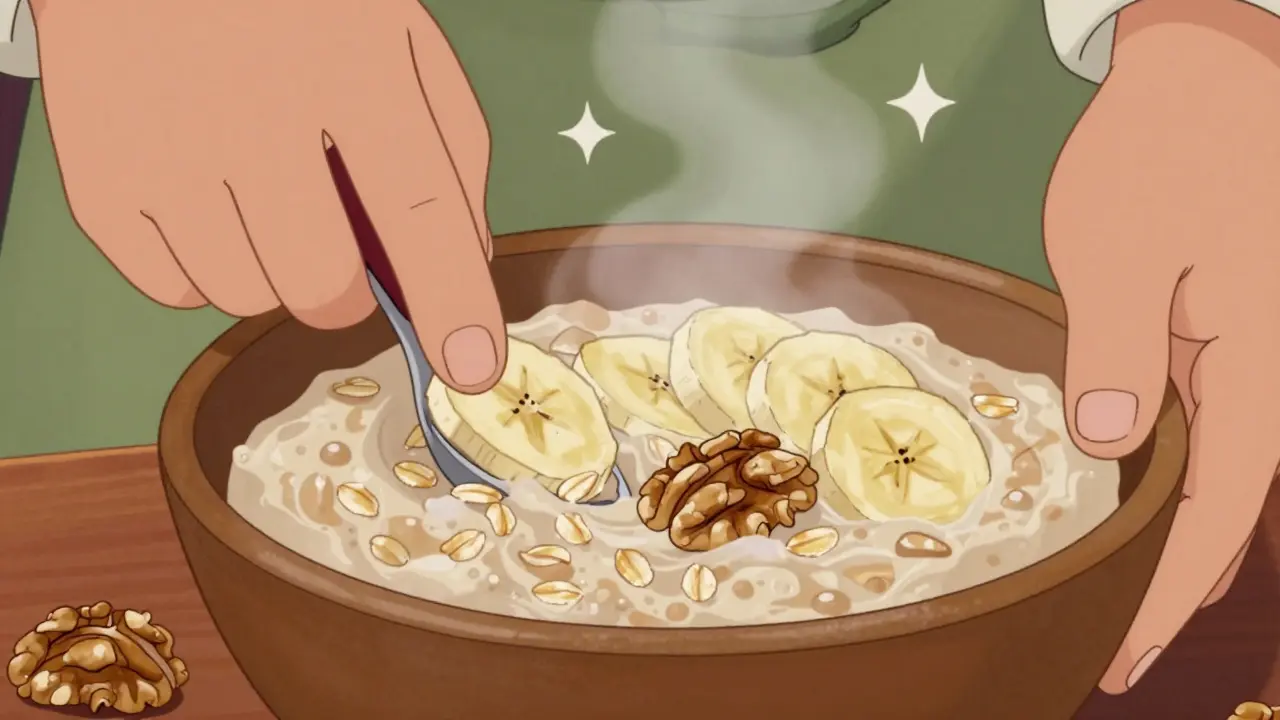 Disegno cartoon di porridge d'avena con frutta e noci su tavola rustica