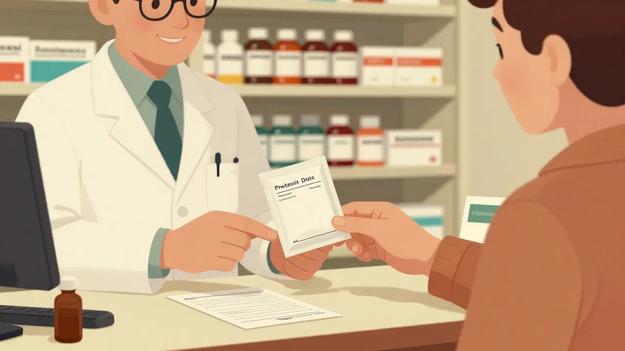 Farmacista che consiglia probiotici specifici a un genitore