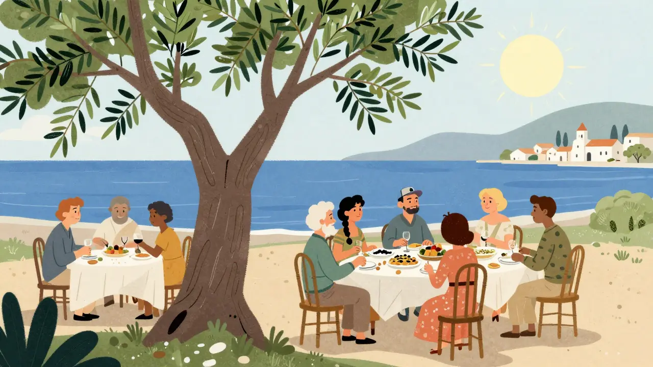 Gruppo di persone che mangia insieme sotto un ulivo nel Mediterraneo
