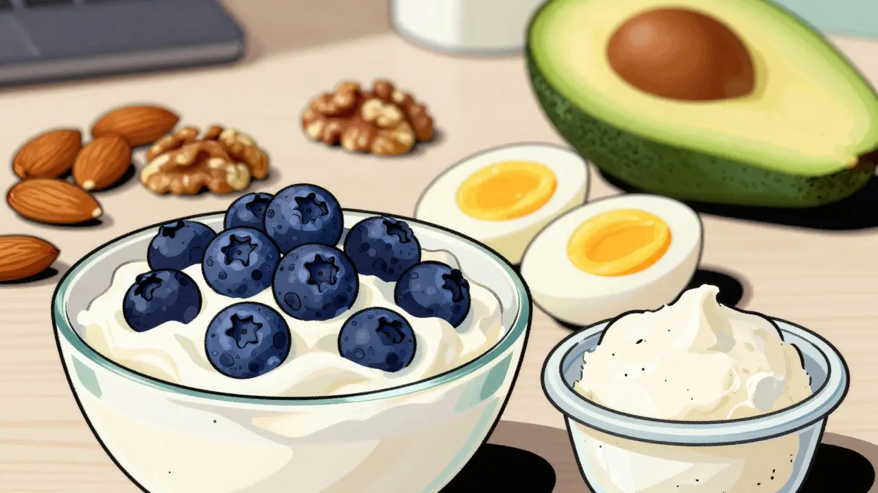 Illustrazione cartoon di spuntini sani come yogurt, uova e noci su una scrivania