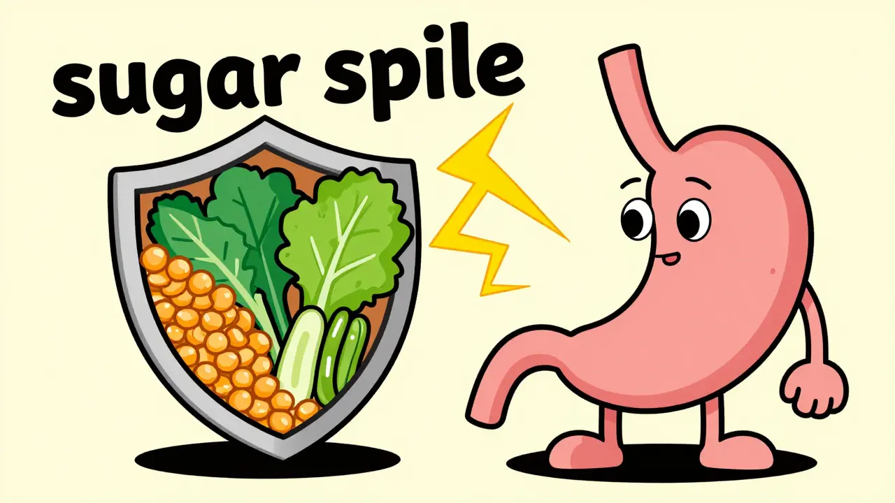 Illustrazione di stomaco stabile protetto da fibre contro picchi glicemici
