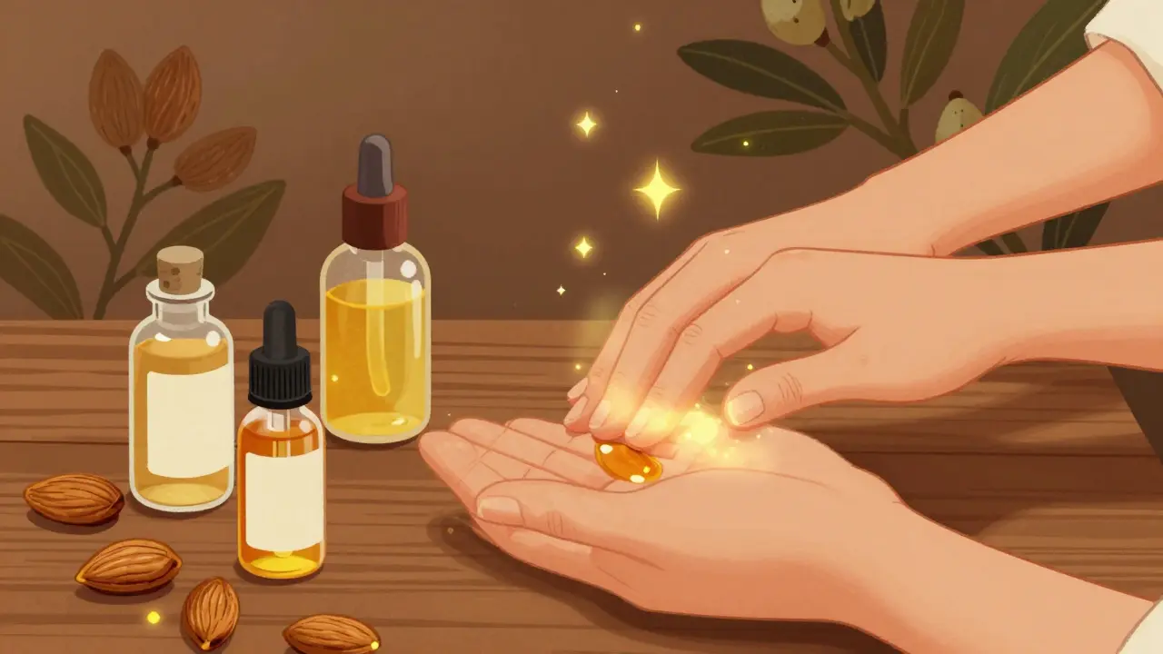 Illustrazione retrò di mani curate con bottiglie di oli naturali come jojoba e mandorla.