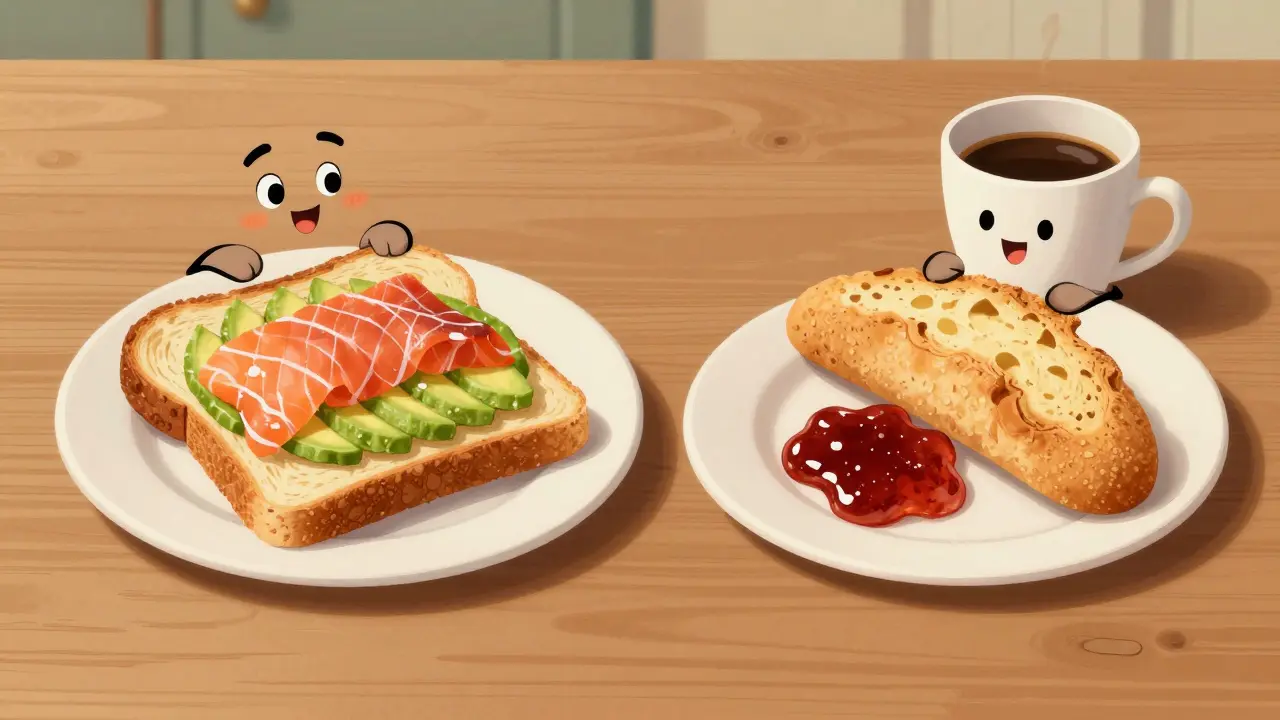 Illustrazione stile fumetto che confronta toast salato e colazione italiana
