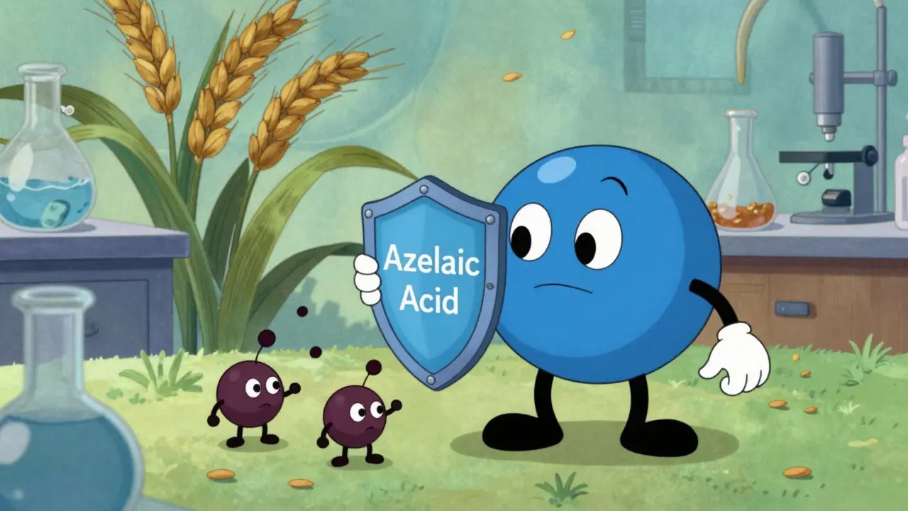 Illustrazione stilizzata dell'acido azelaico che blocca gli enzimi della melanina