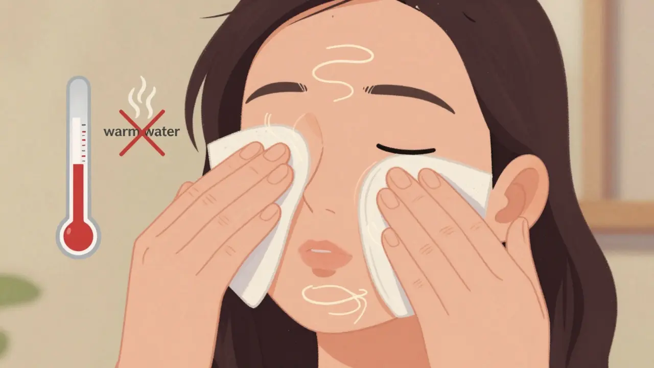 Illustrazione tecnica su come usare delicatamente il panno struccante con acqua tiepida