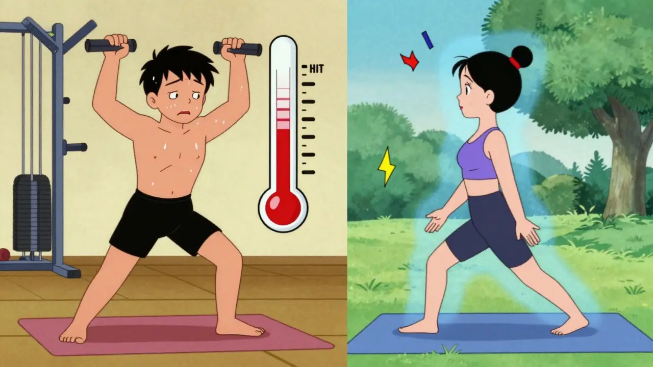 Illustrazione vintage: confronto tra allenamento intenso stancante e yoga rilassante per lo stress.