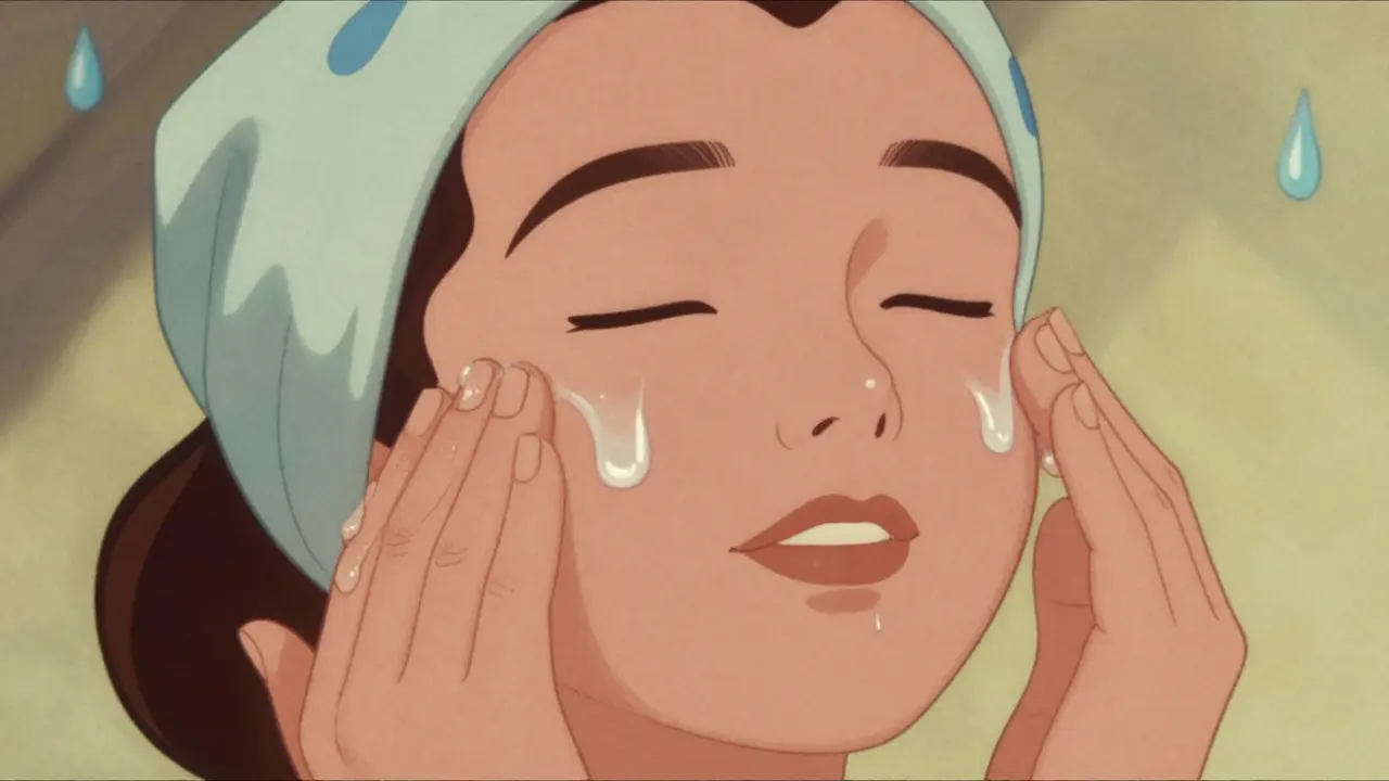 Mani che applicano siero idratante su viso calmo e luminoso