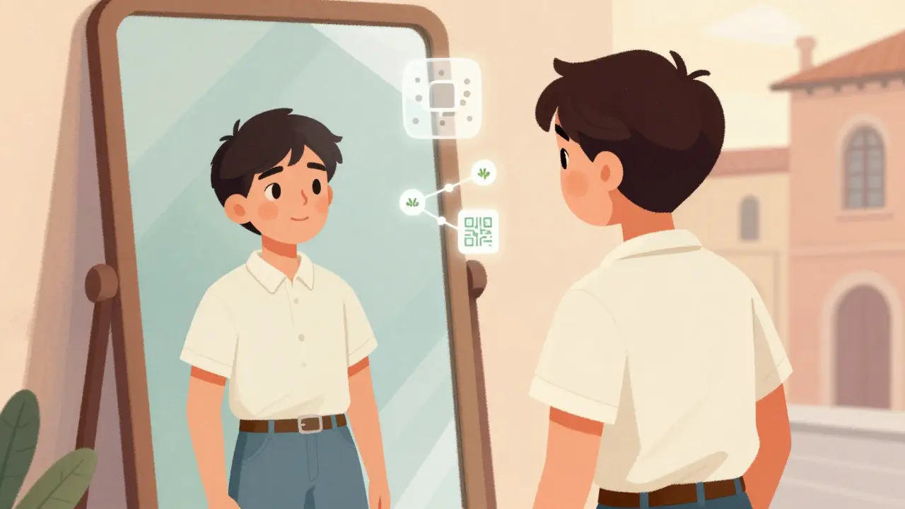 Moda etica e tracciabilità digitale rappresentate in stile cartone animato retrò