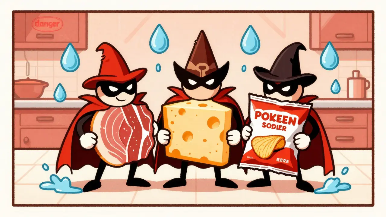 Personaggi cartoon di cibi ricchi di sale che trattengono acqua