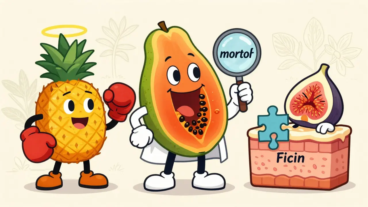 Personaggi frutta che rappresentano papaina, bromelina e ficina