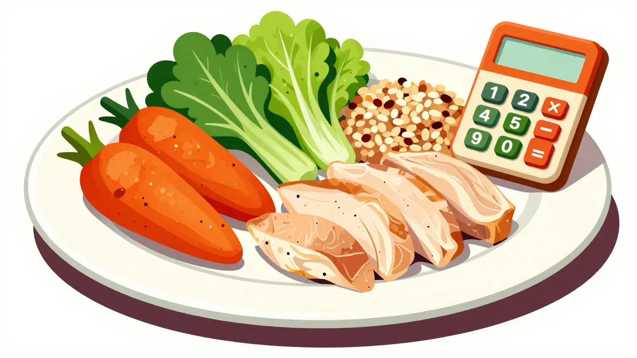 Piatto bilanciato con cibo sano e calcolatore simbolico, arte retrò