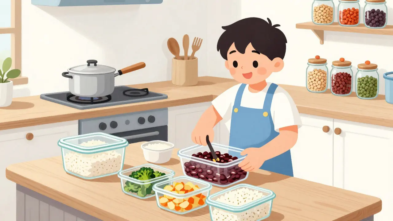 Preparazione batch cooking: porzionare fagioli e verdure in contenitori