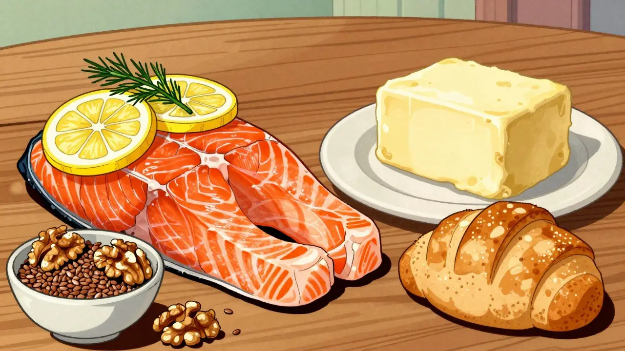 Salmone e noci a confronto con burro e dolci