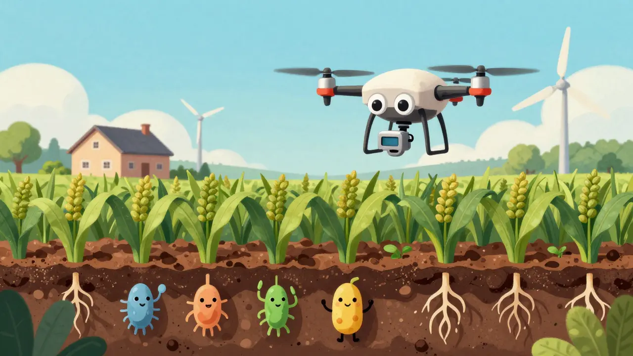 Un drone carino monitora le colture biologiche in uno stile cartone animato retrò, mostrando tecnologia agricola.