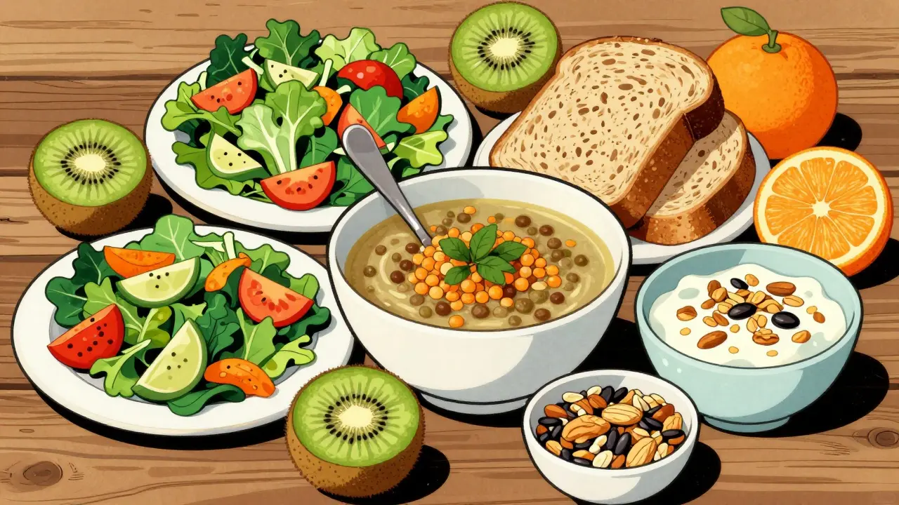 Vassoio di cibi vegetali equilibrati: lenticchie, frutta, noci e pane integrale