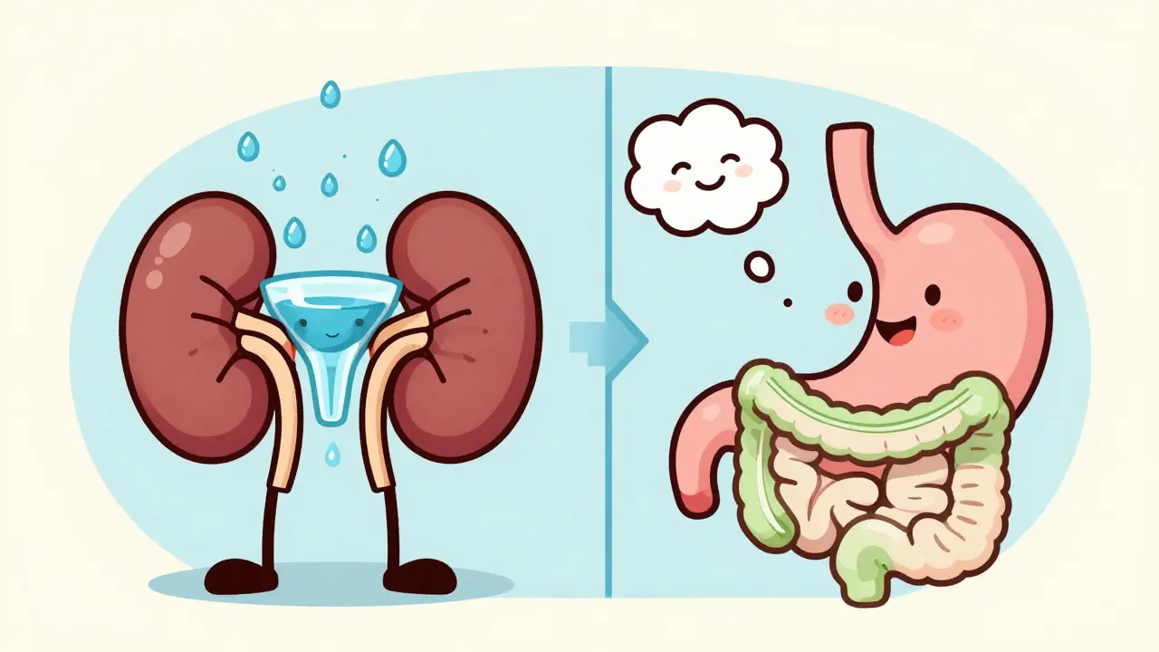 Cartoon kidneys filtering water and stomach releasing gas