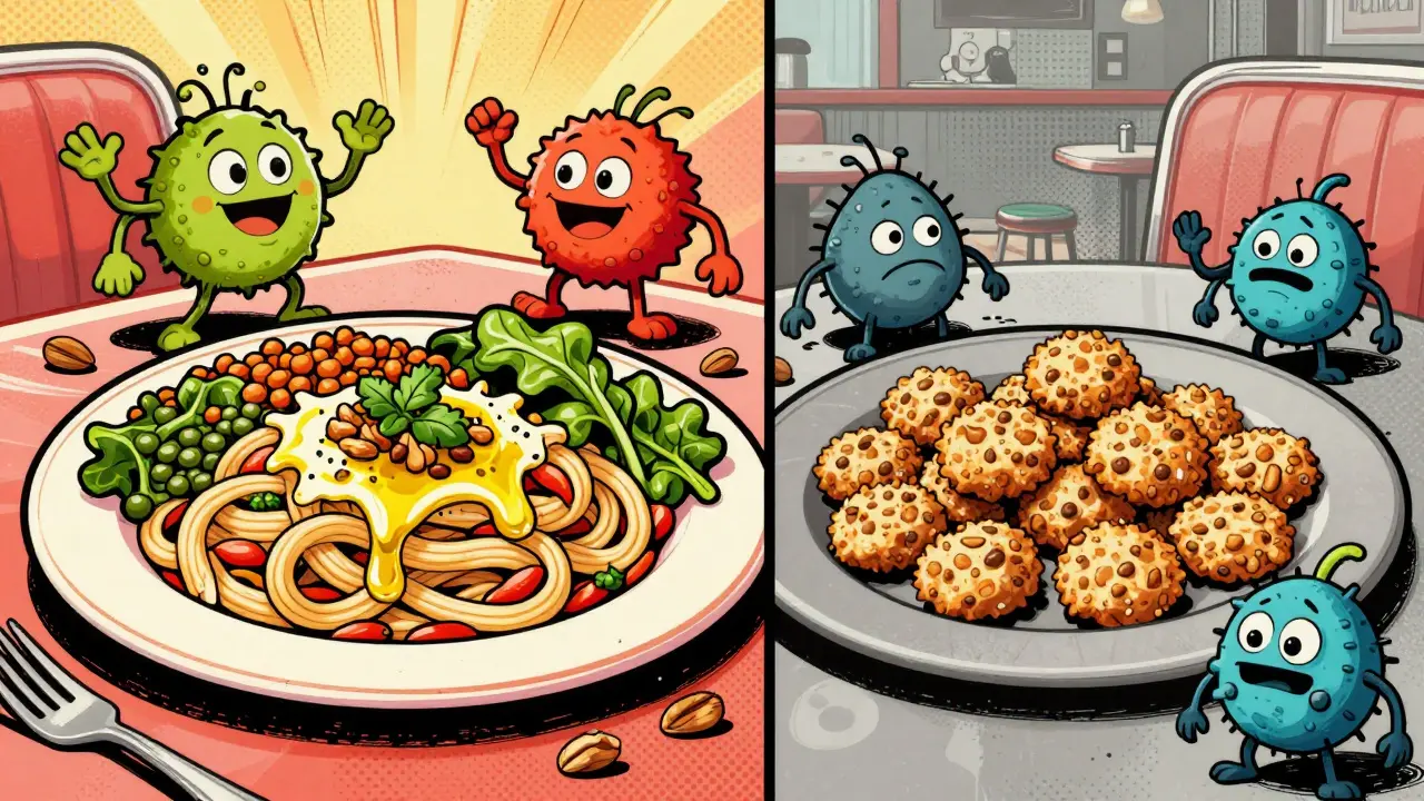 Cartoon retrò che confronta cibo mediterraneo sano e snack processati