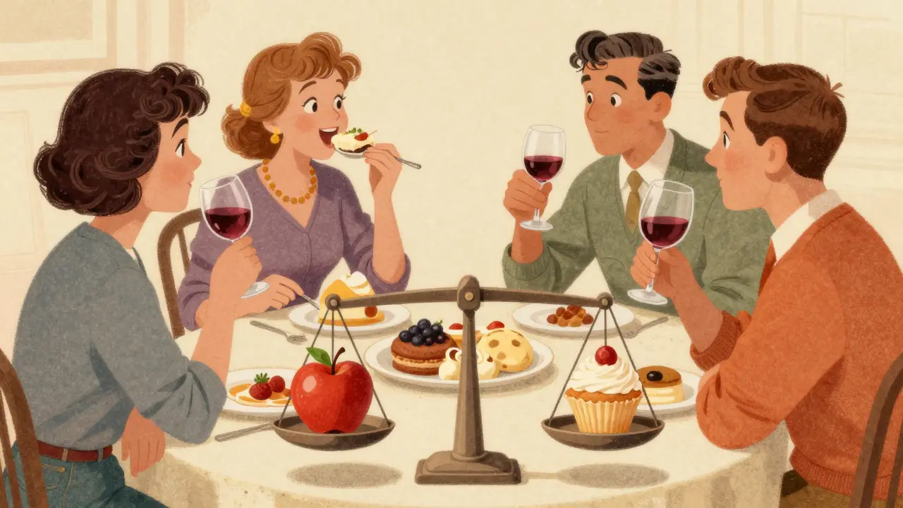 Cartoon vintage: amici che condividono un pasto rilassato, bilanciando salute e piacere