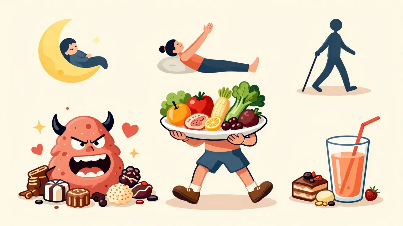 Cartoon vintage: stile di vita sano con frutta, verdura e gestione dello stress