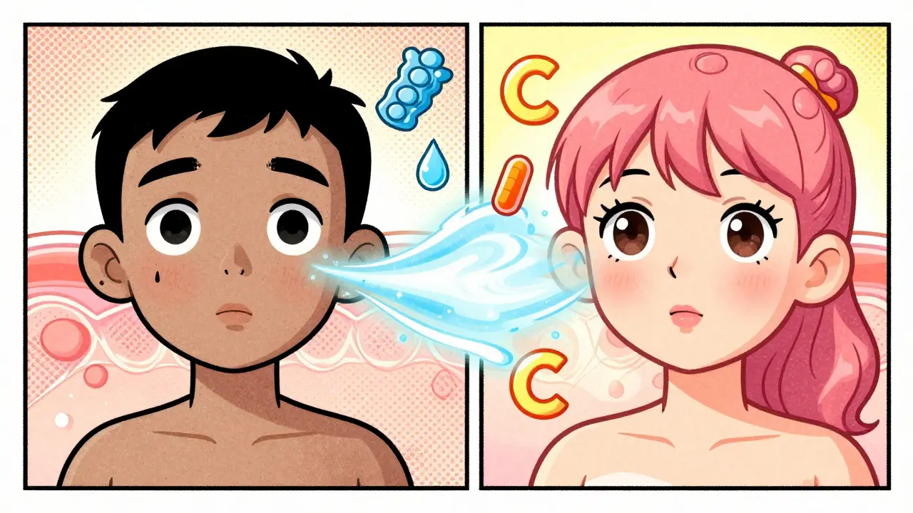Confronto cartoonico tra pelle spenta e pelle luminosa ossigenata