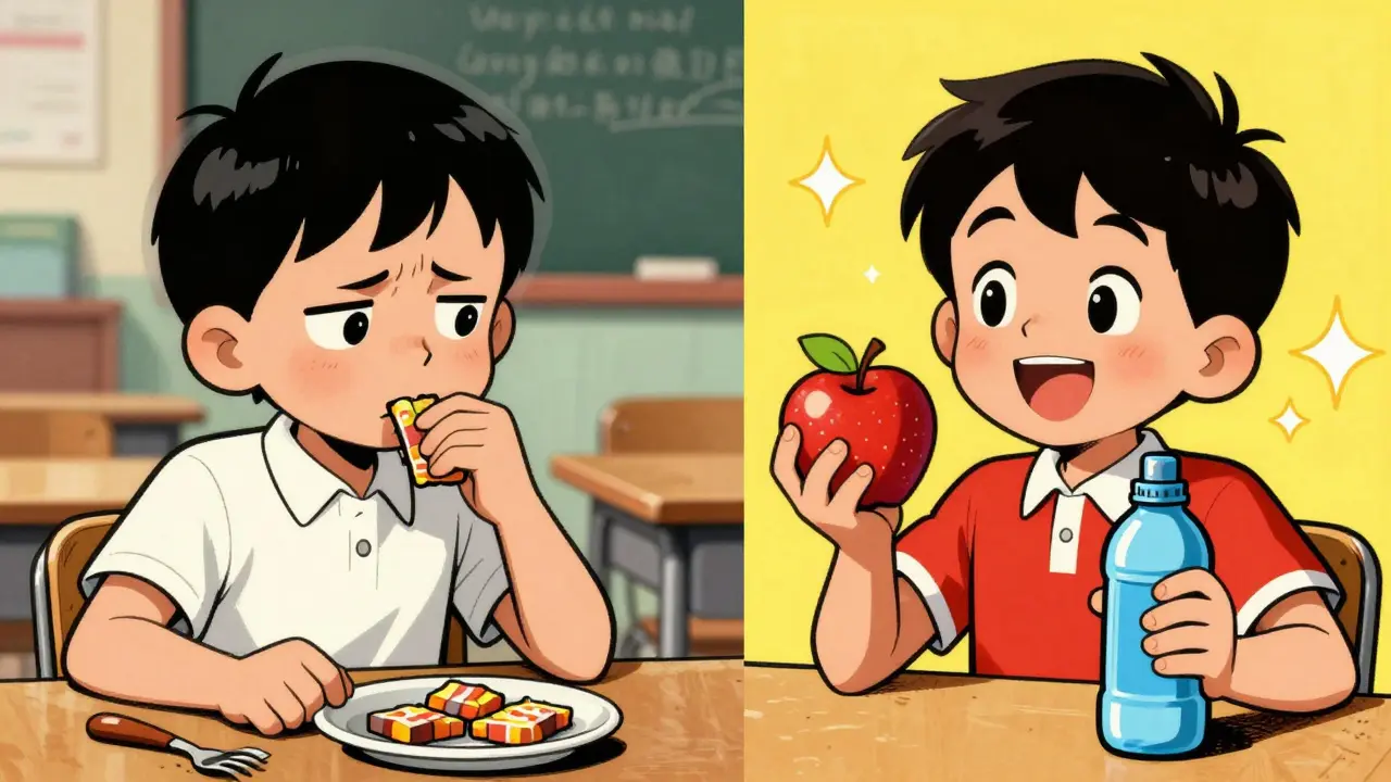 Confronto tra bambino stanco da zuccheri e attivo con frutta