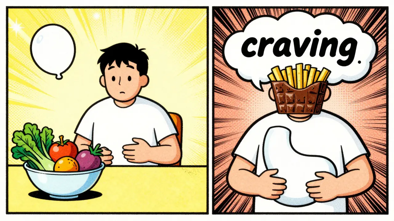 Confronto tra fame fisica e fame emotiva in stile fumetto vintage