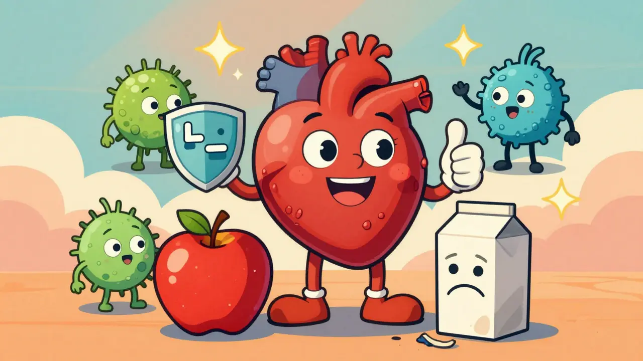 Cuore sano e batteri amici protetti da una mela intera, stile fumetto