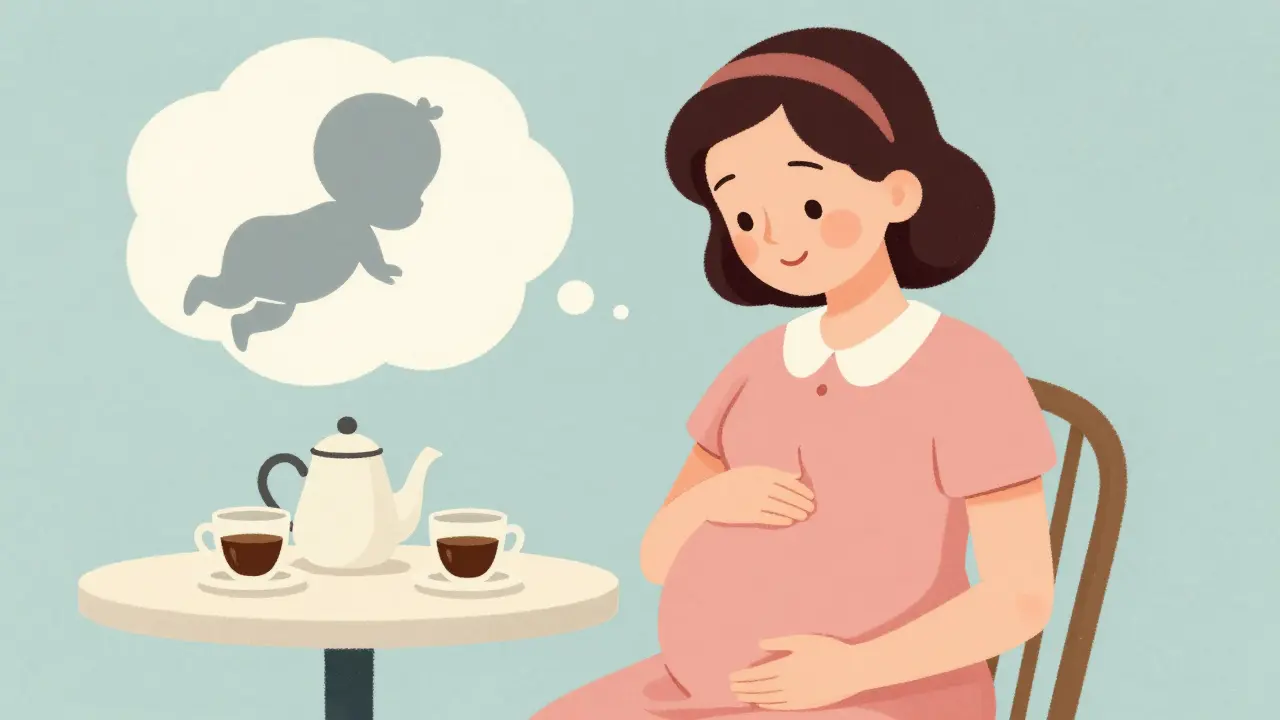 Donna incinta con tè e caffè, stile illustrazione vintage
