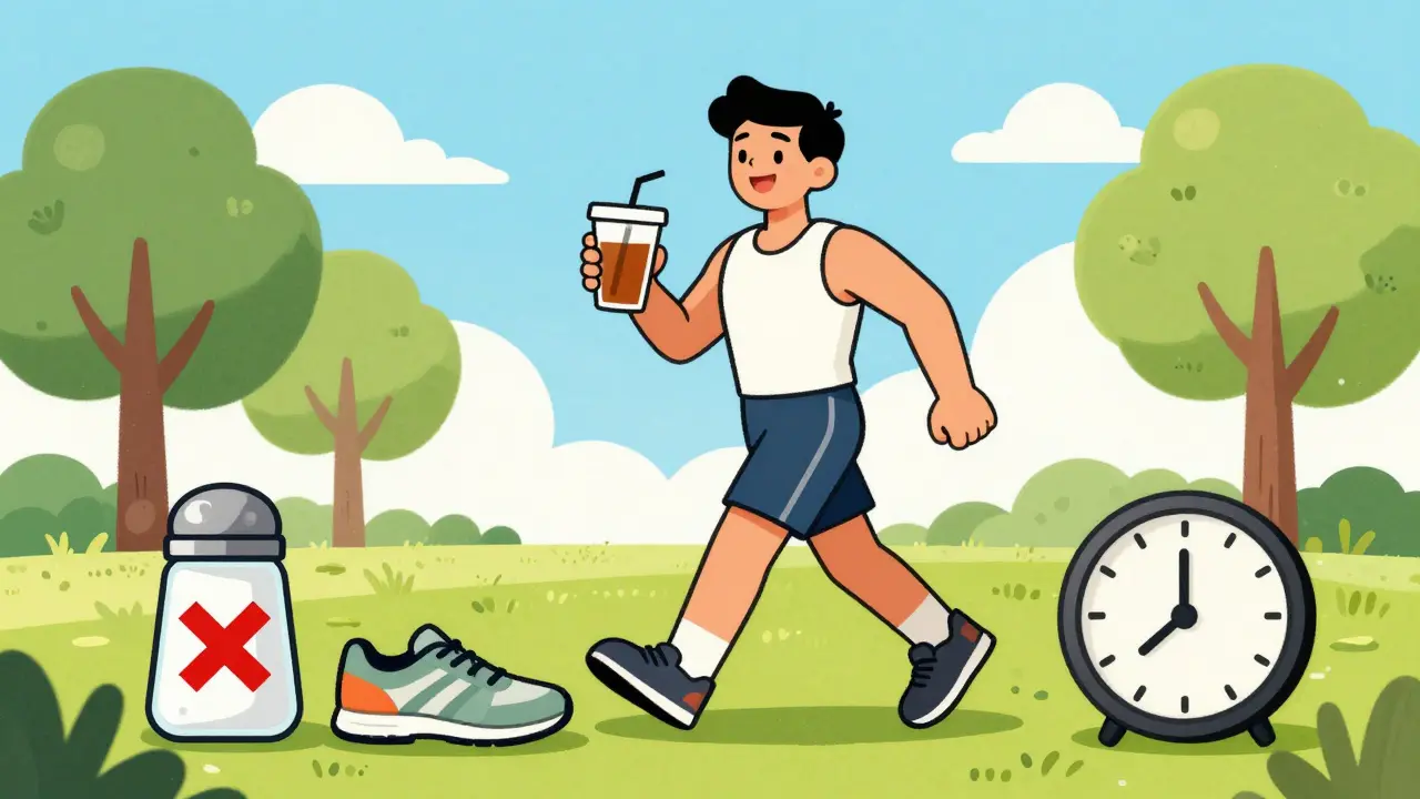 Happy person walking with tea, healthy habits icons nearby