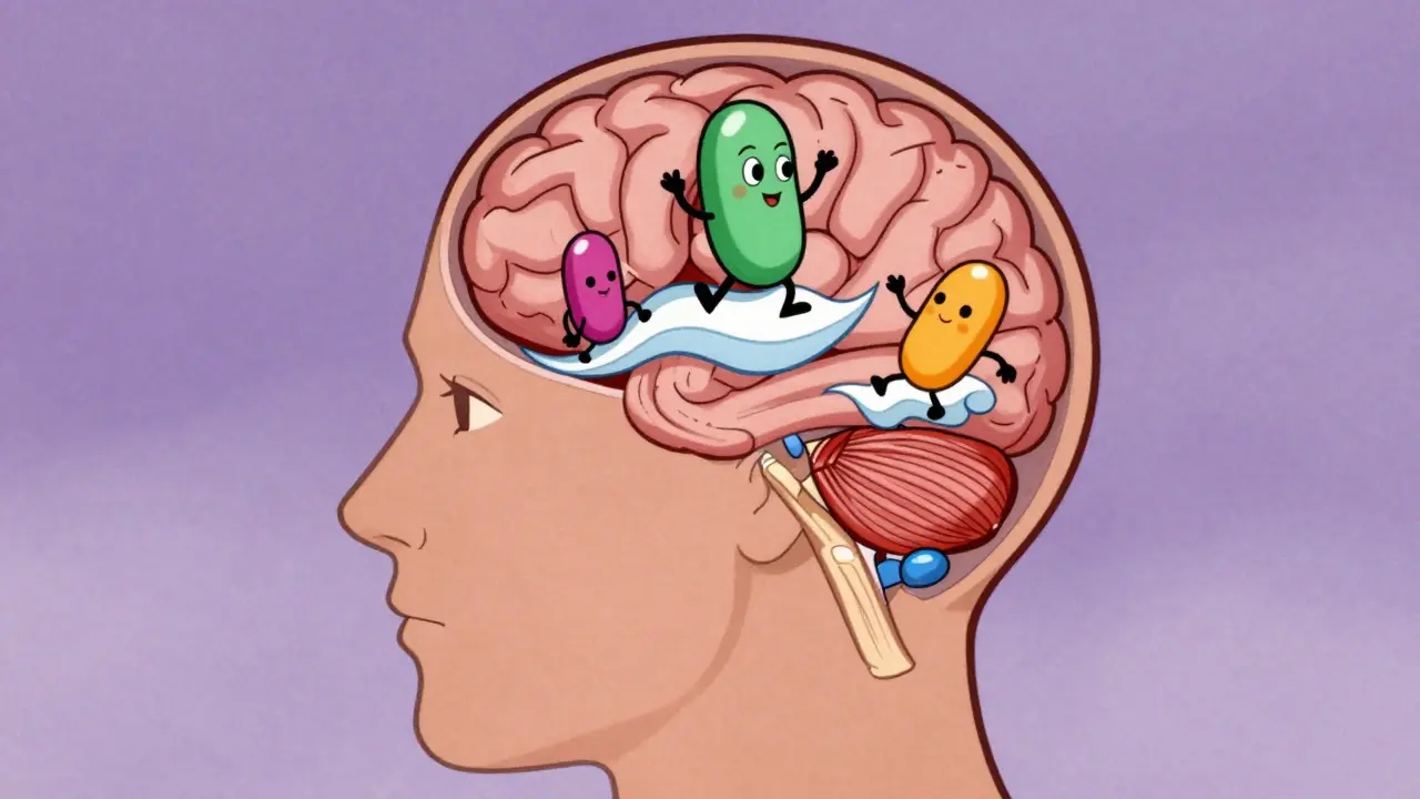 Illustrazione cartoon del triptofano che raggiunge il cervello