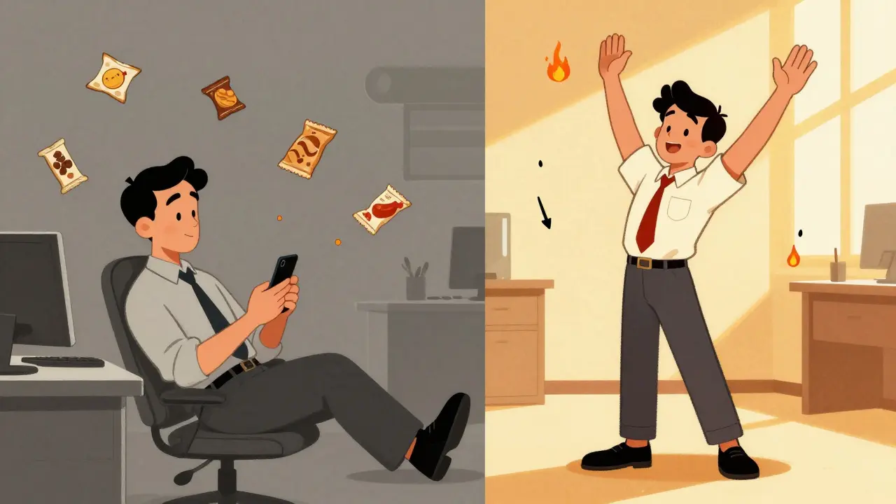 Illustrazione stile fumetto: confronto tra pausa passiva sul telefono e pausa attiva con stretching