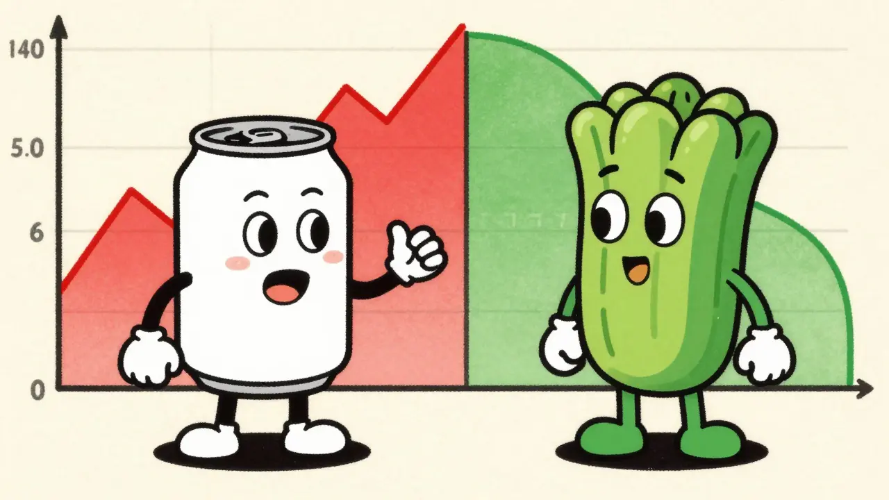 Illustrazione vintage: confronto tra zuccheri semplici e complessi sull'insulina