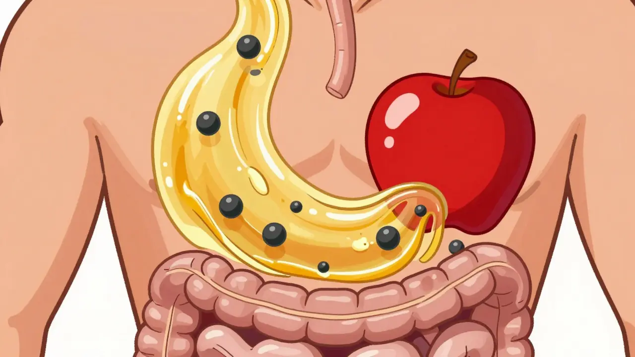Illustrazione vintage di pectina che intrappola il colesterolo nell'intestino