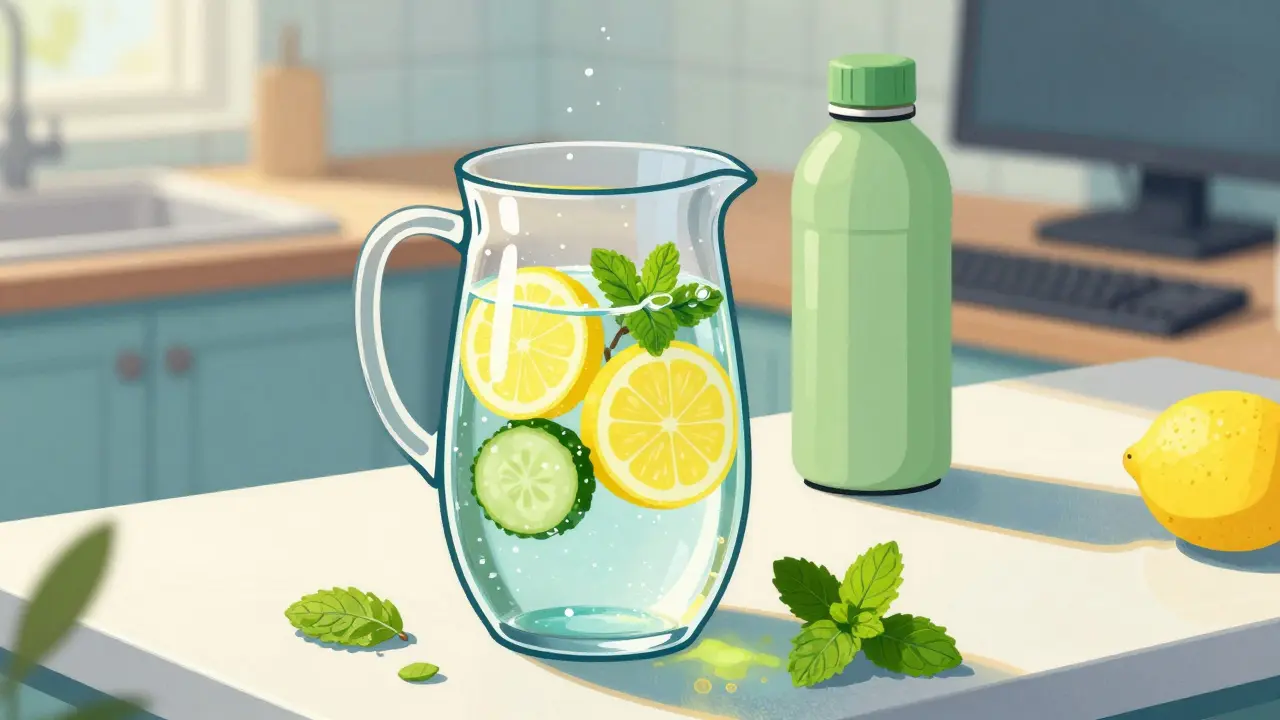 Illustrazione vintage di una caraffa d'acqua aromatizzata con limone e cetriolo su un bancone luminoso