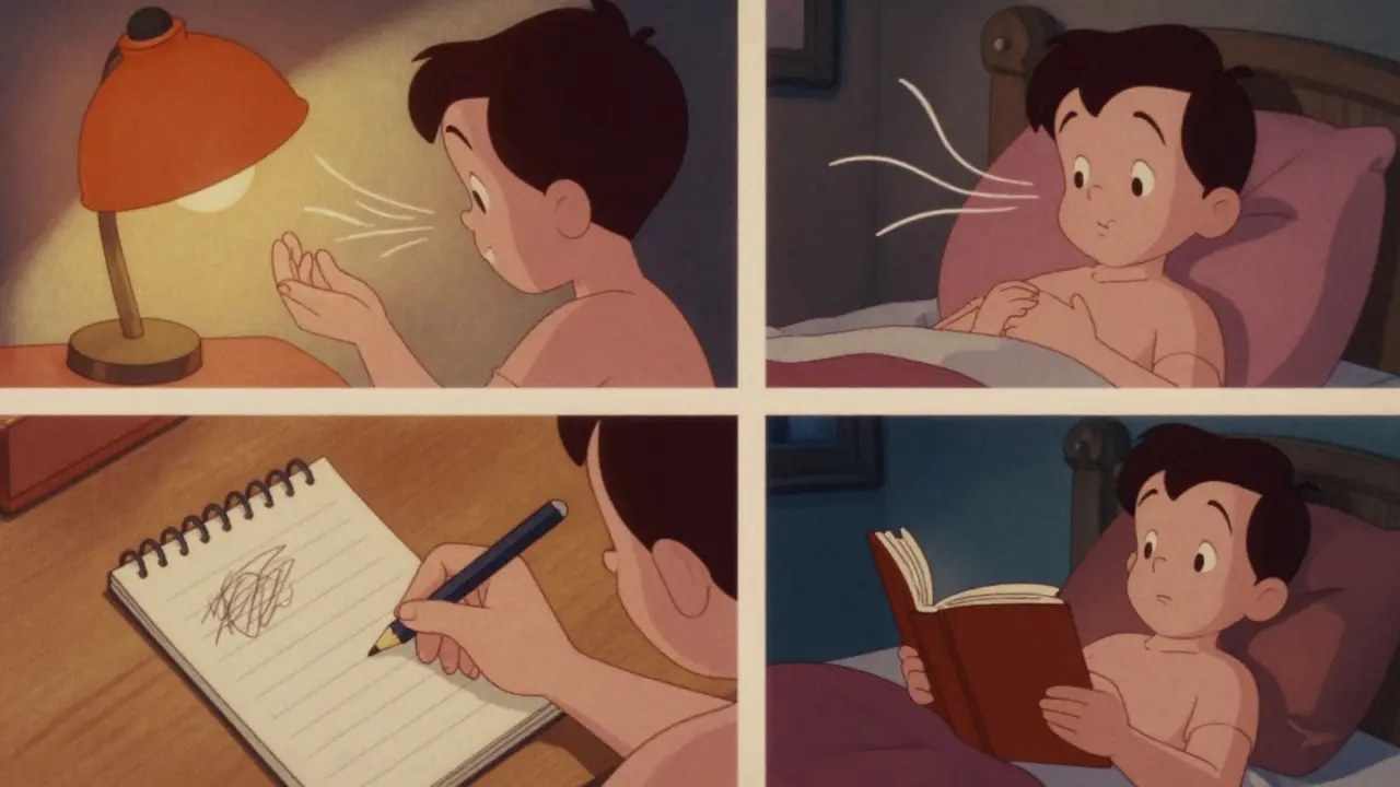 Illustrazione vintage: routine serale di relax con respirazione e lettura in camera