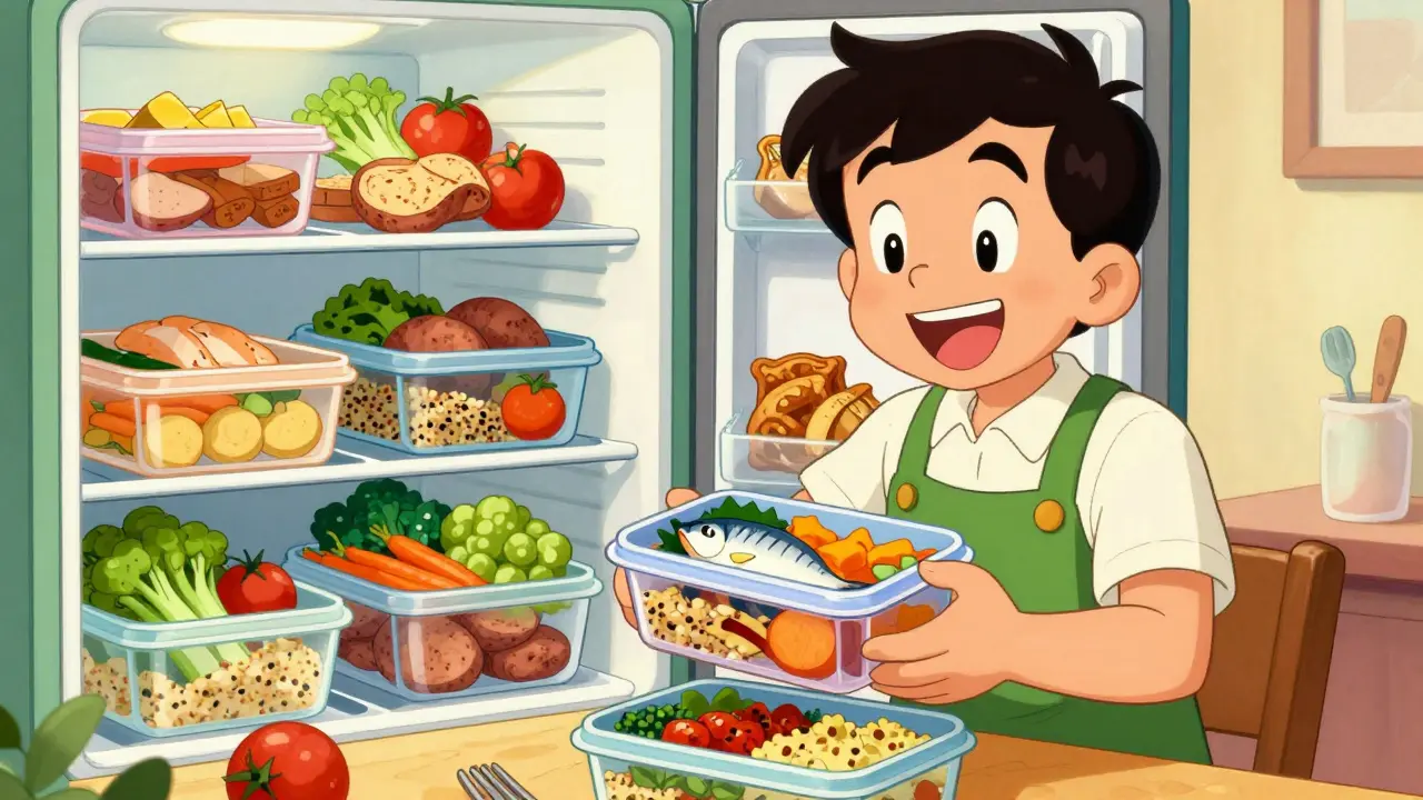 Preparazione pasti sani in contenitori colorati