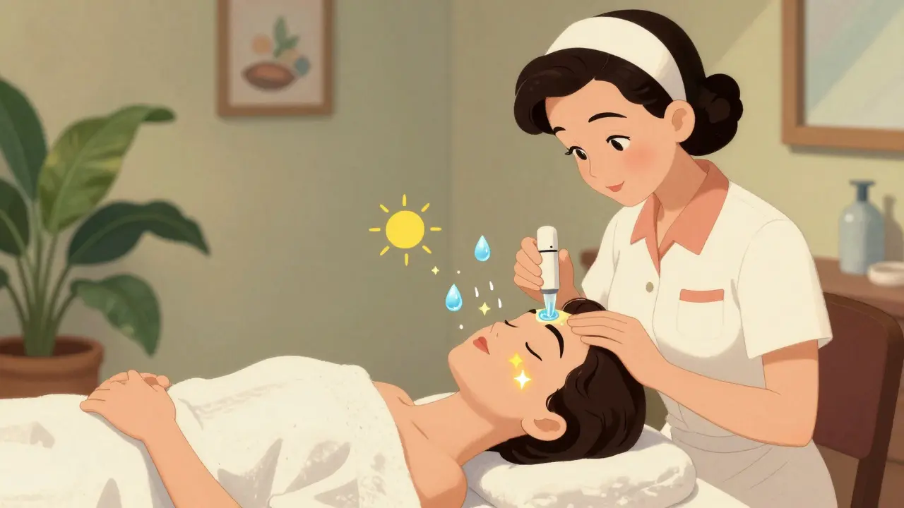 Scena spa vintage con trattamento viso all'ossigeno e benefici