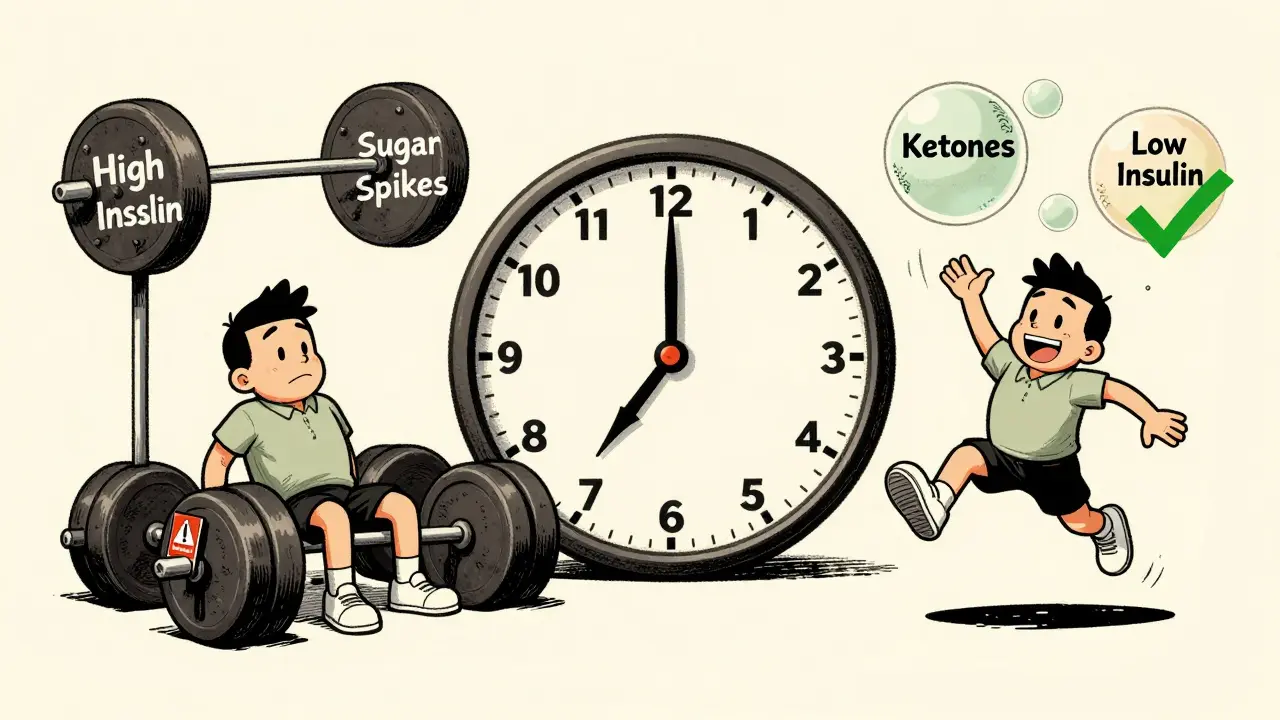 Split screen cartoon: high insulin fatigue vs low insulin energy and ketones