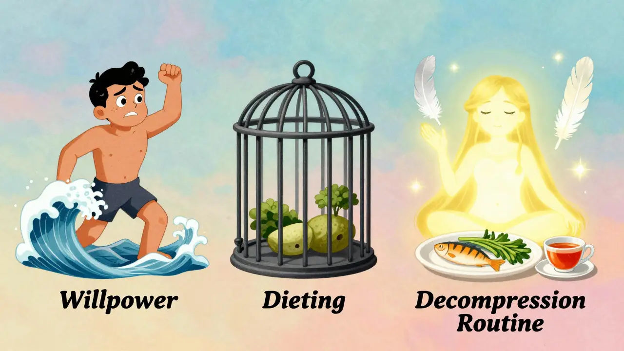 Stile cartone animato: confronto visivo tra stress, dieta rigida e relax equilibrato