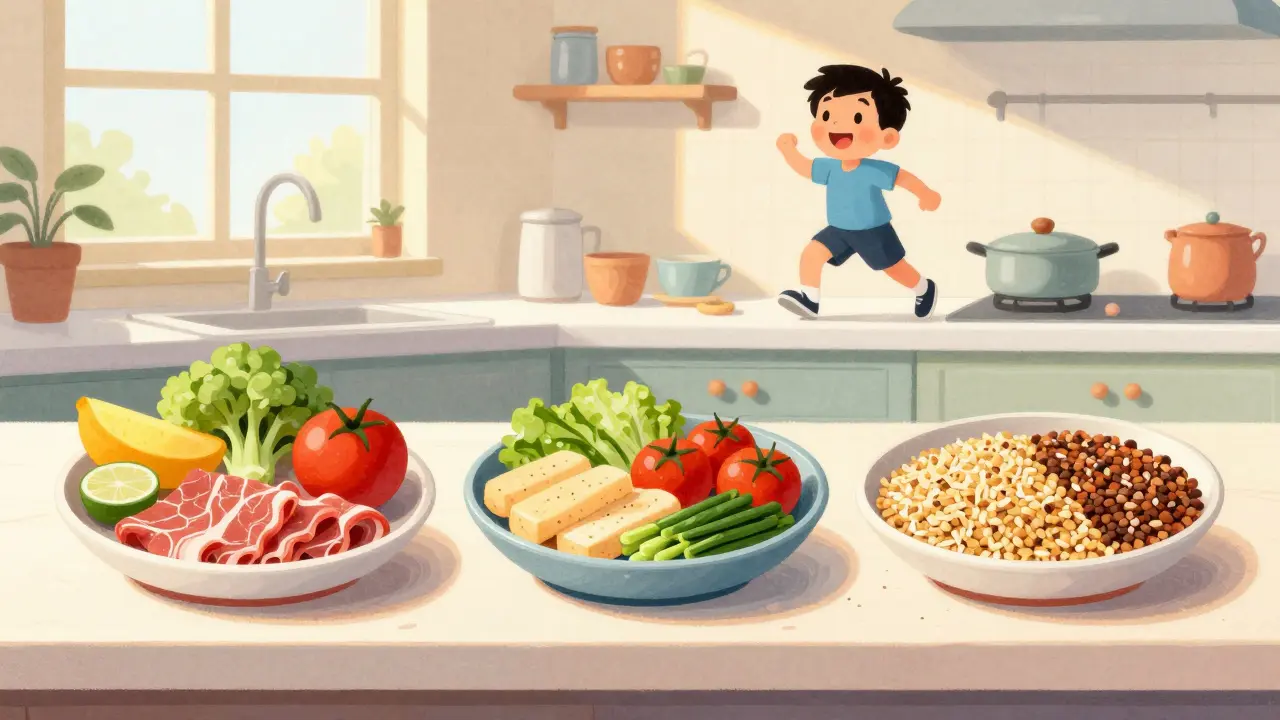 Tre pasti equilibrati e una persona attiva, illustrazione stile cartone classico