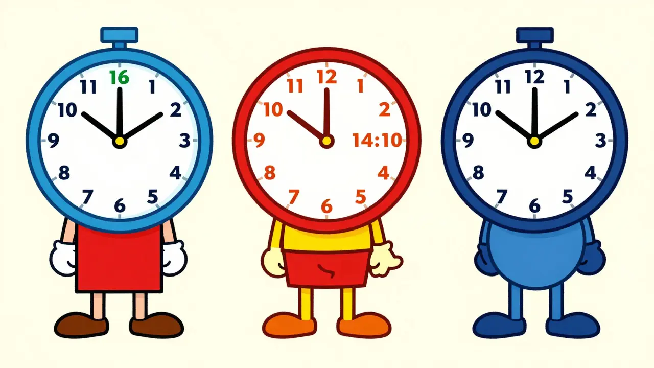 Tre turnisti con finestre alimentari illustrate su orologi