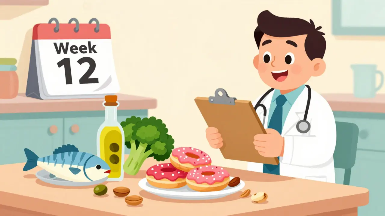 Vintage cartoon doctor recommending healthy foods over sugar for fasting